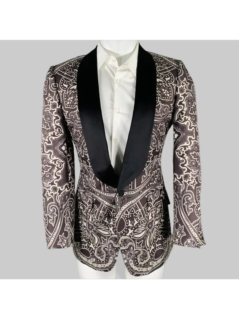 GUCCI Size 38 Black Grey Graphic Silk Tuxedo Sport Coat